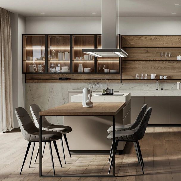 Cucina Moderna con isola Wega 02 in laccato metallizzato e rovere di Arredo3