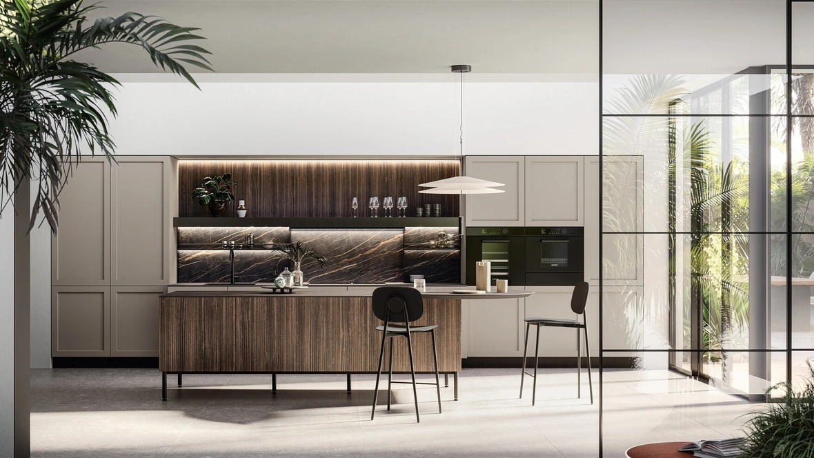 Cucina Moderna con isola Alma 01 in pet e laminato di Arredo3