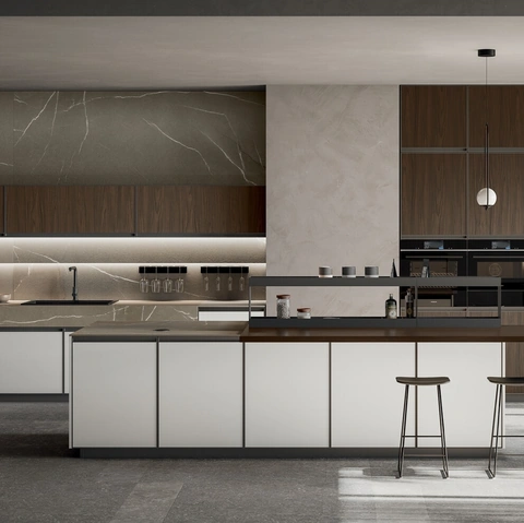 Cucina Moderna con isola Kronos 02 in pet bianco e laminato noce di Arredo3