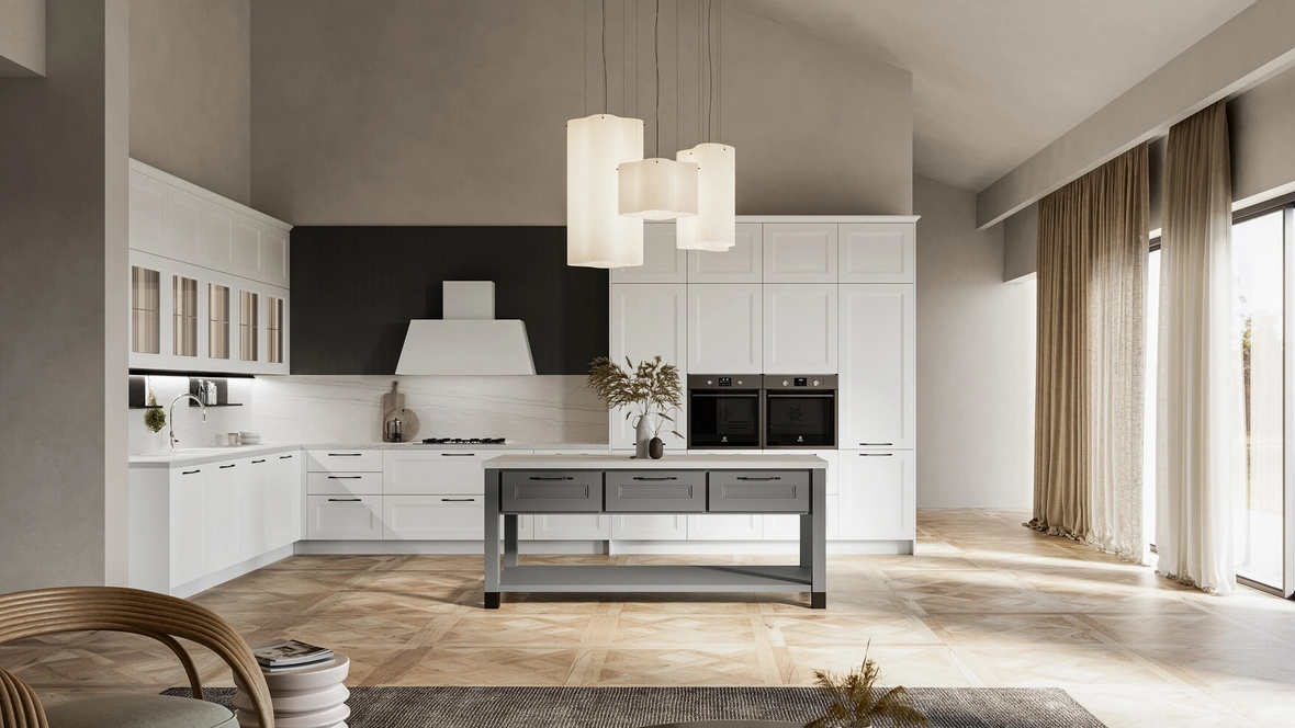 Cucina Moderna angolare Meg 03 in polimerico bianco e laccato fossile di Arredo3